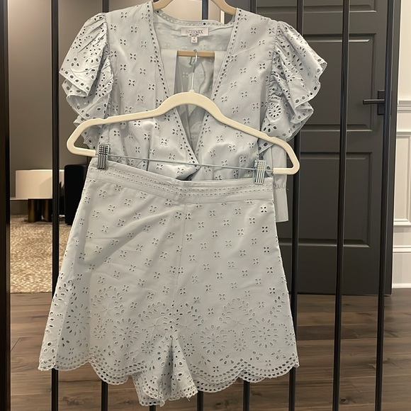 Magda Ruffled Eyelet Wrap Top and matching bottoms in dusty blue - Picture 3 of 4